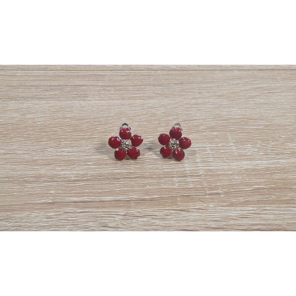 Vintage Style Red Flower Clip-On Earrings with Rhinestone Center